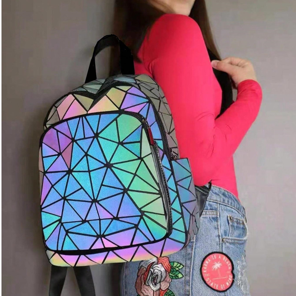 School Backpack Teen - Damski holograficzny geometryczny świecący plecak, odblaskowa